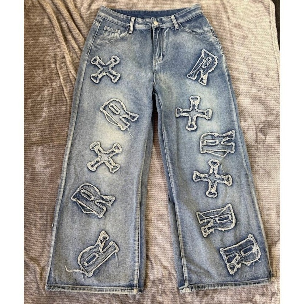 Romwe Light Wash Wide‎ Leg Denim Jeans Applique Patch 12 Streetwear Pants 32X28